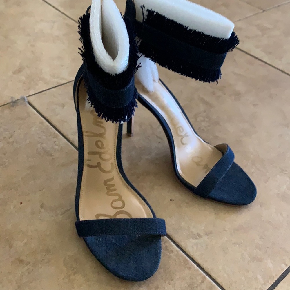Sam Edelman stilettos. Denim with fringe ankle strap. Size 8